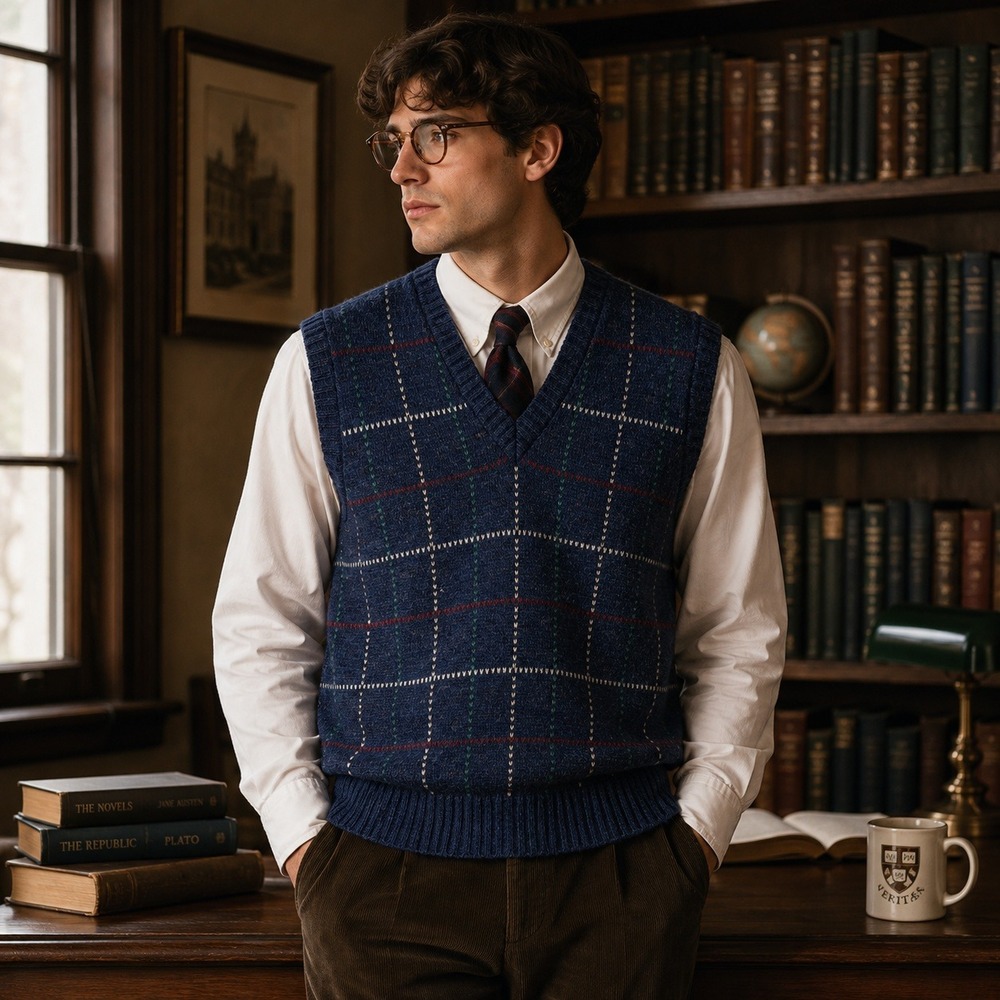 Vintage The Fox Collection Wool Blend Sweater Vest Size‎ L Blue Plaid 90s Preppy